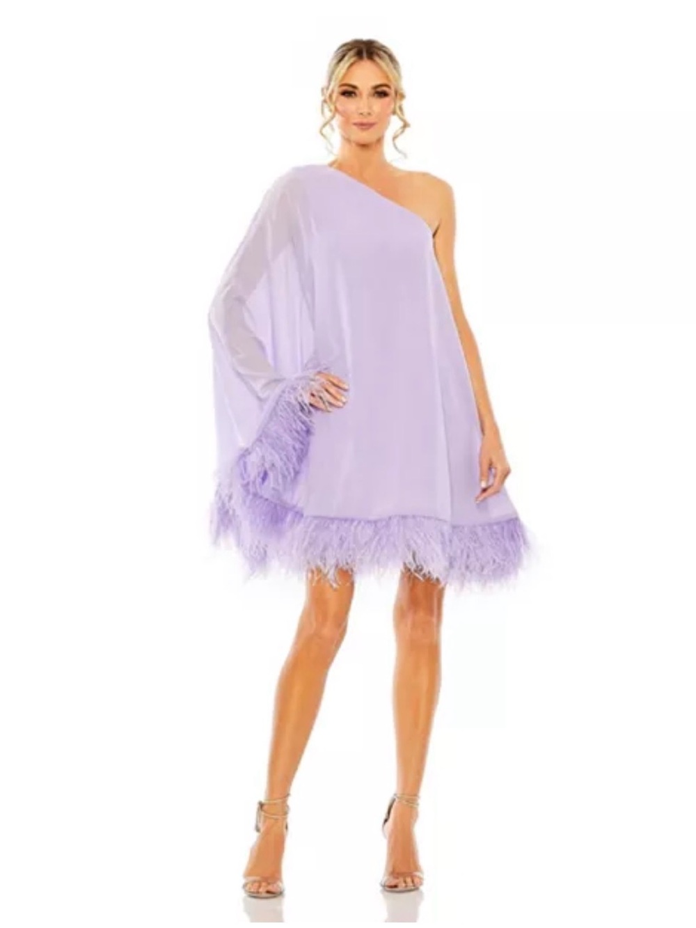 Mac Duggal Lilac One Shoulder Feather Trim Trapeze cocktail party dress, size 4